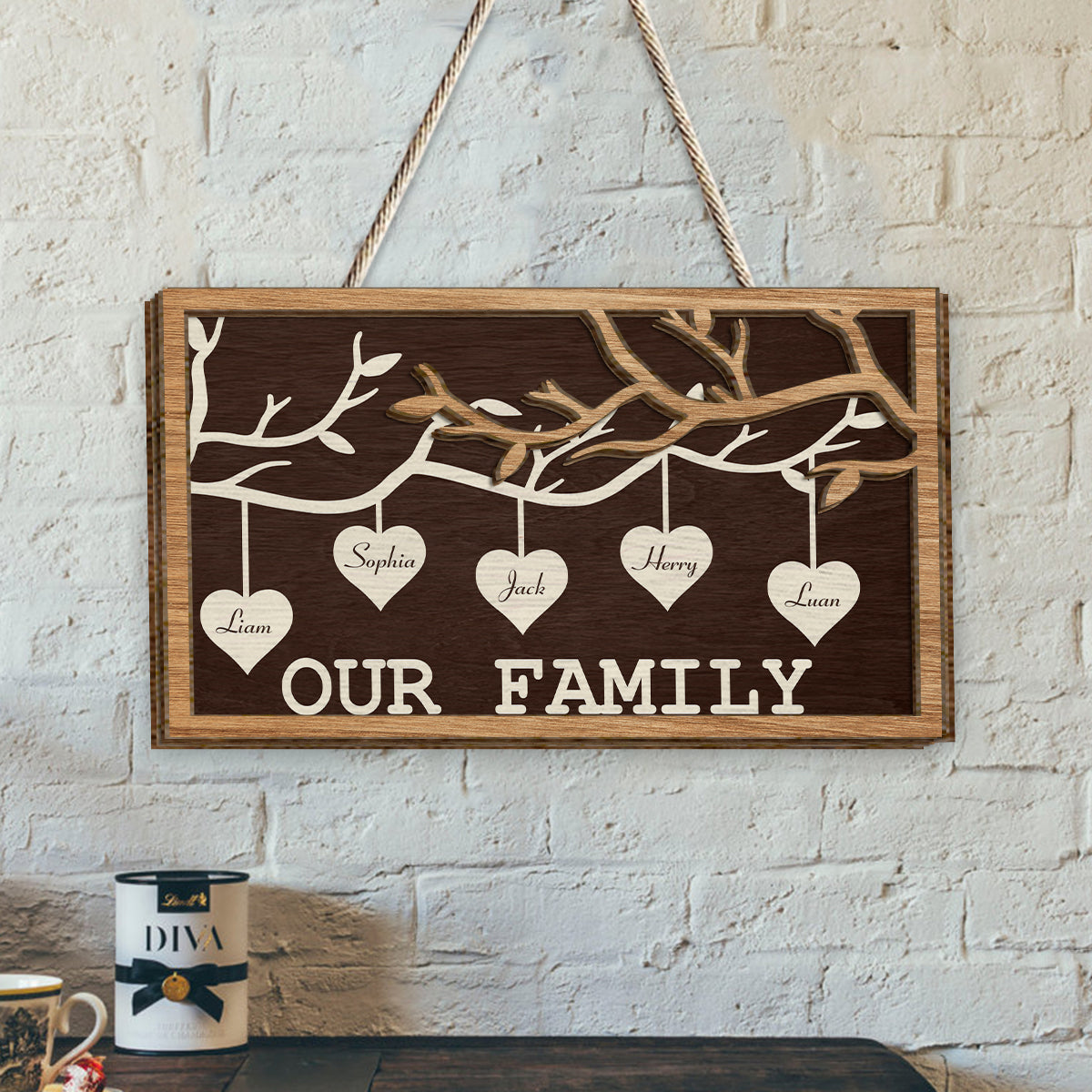 Familienstammbaum zum Aufhängen – Personalisiertes zweilagiges Holzschild/Holzplakette für die Familie