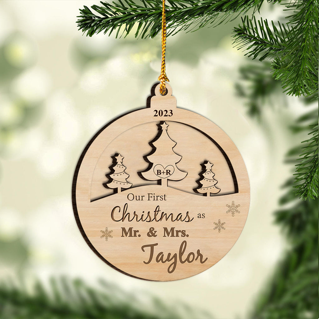 Our First Christmas As Mr & Mrs - Personalized Husband And Wife 2 Layered Wooden Ornament