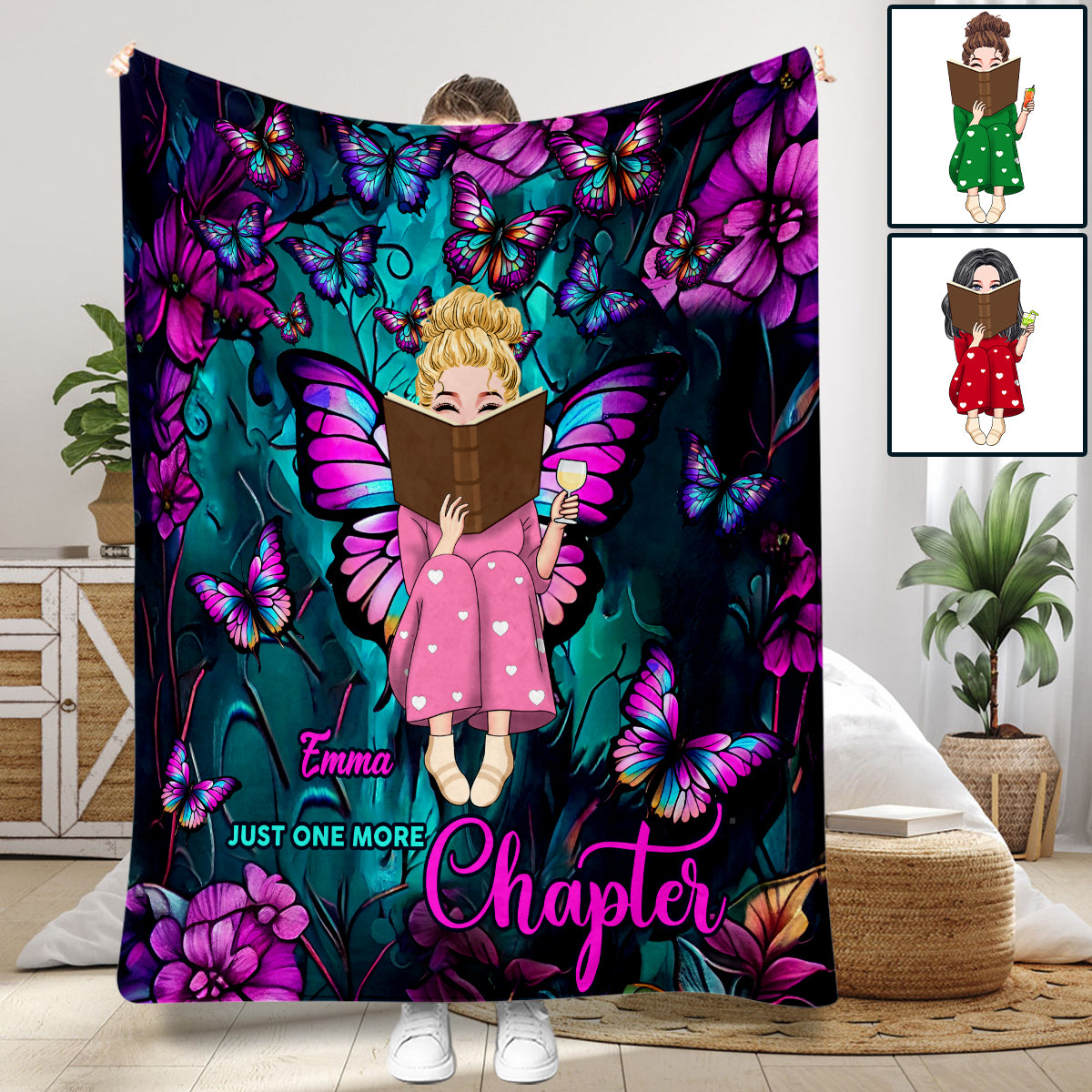 Buchmädchen mit Schmetterlingen und Blumen – personalisierte Buchdecke