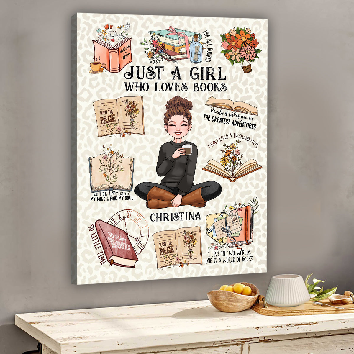 Einfach ein Mädchen, das Bücher liebt – personalisierte Buchleinwand und Poster