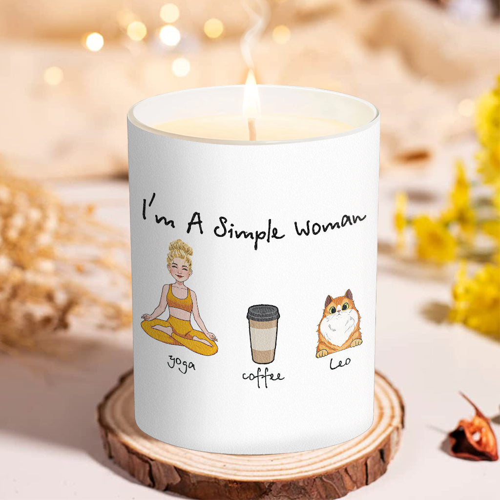 Ich bin eine einfache Frau – Yoga-Geschenk für Hunde- und Katzenliebhaber – Personalisierte Kerze mit Holzdeckel