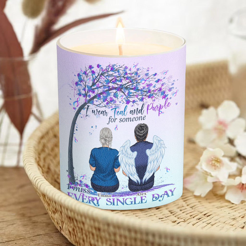 I Wear Teal And Purple - Personalized Suicide Prevention Candle With Wooden Lid