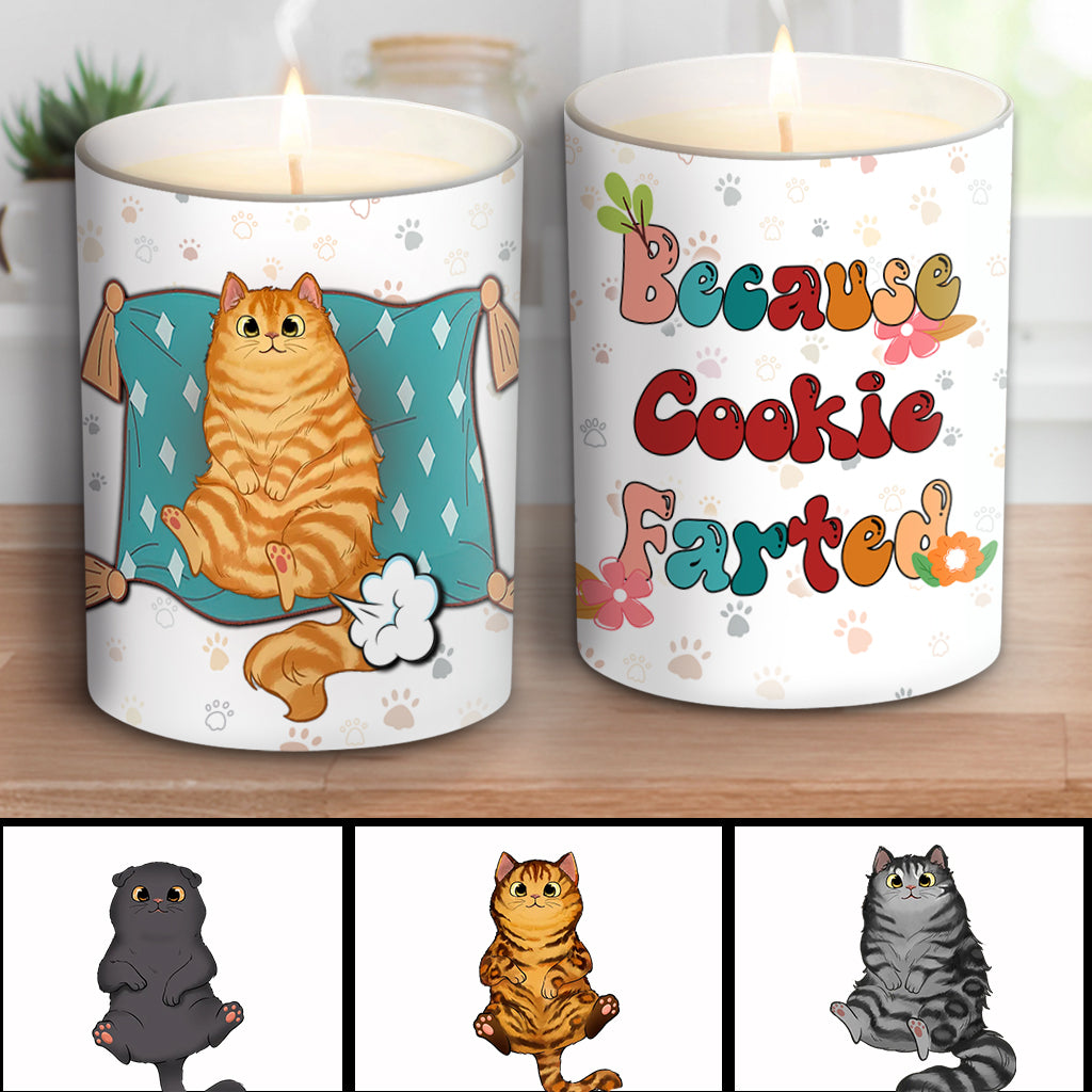 Weil die Katze gefurzt hat – Personalisierte Katzenkerze mit Holzdeckel