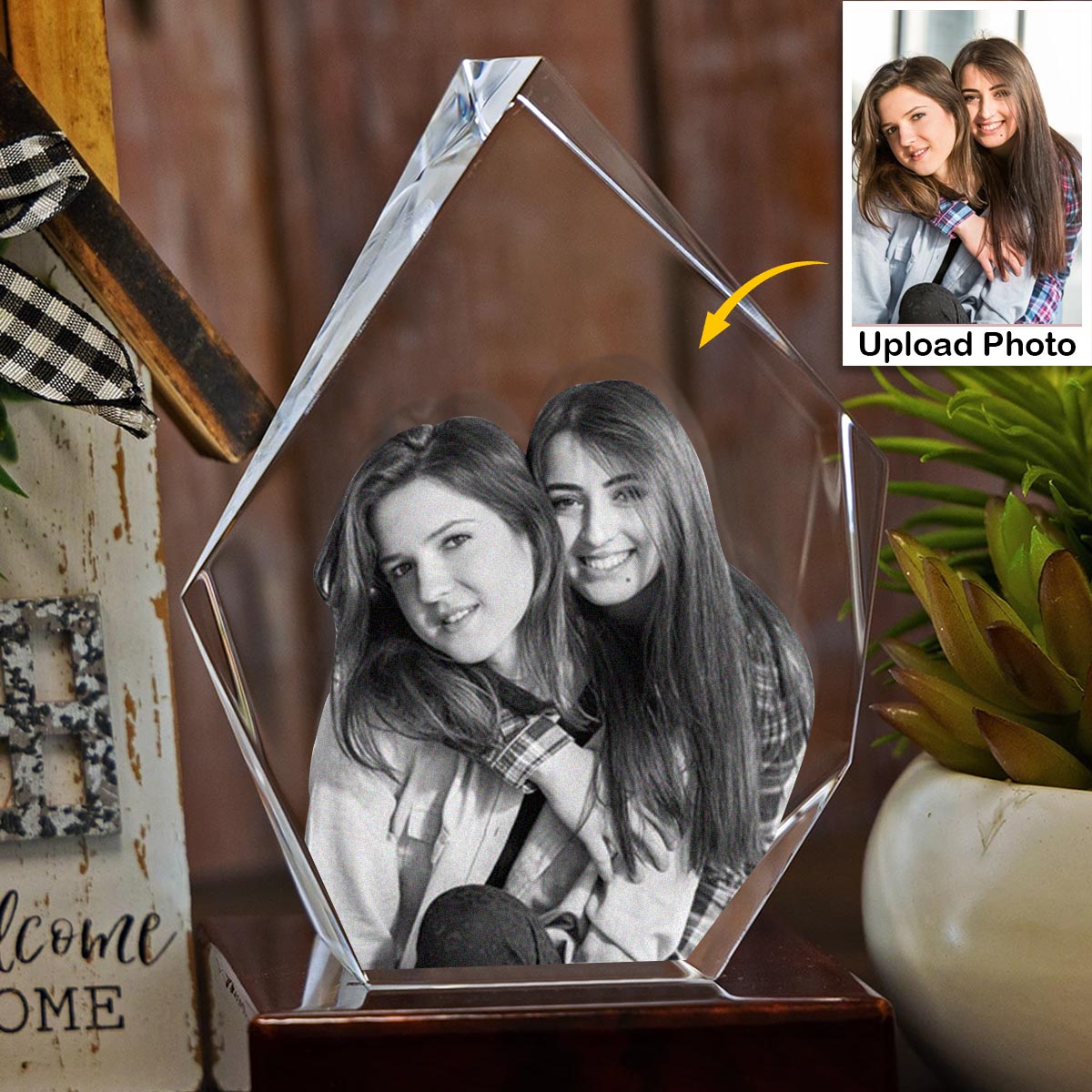 Custom Photo - Personalized Sibling Laser Engraving 3D Iceberg Shaped Crystal Lamp