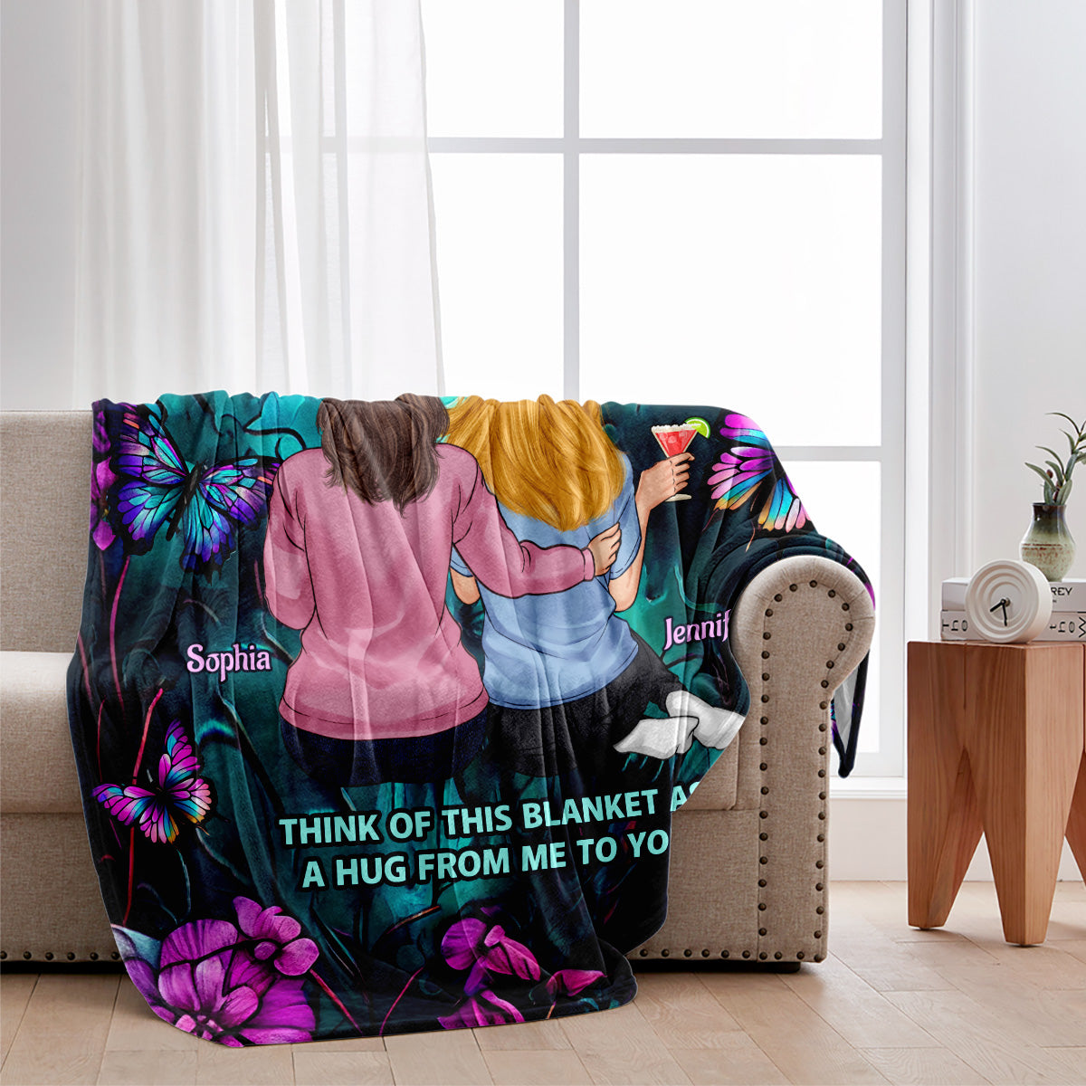 Beste Freundinnen-Decke mit türkisfarbenen und lila Schmetterlingen – Geschenk für Freunde – Personalisierte Decke