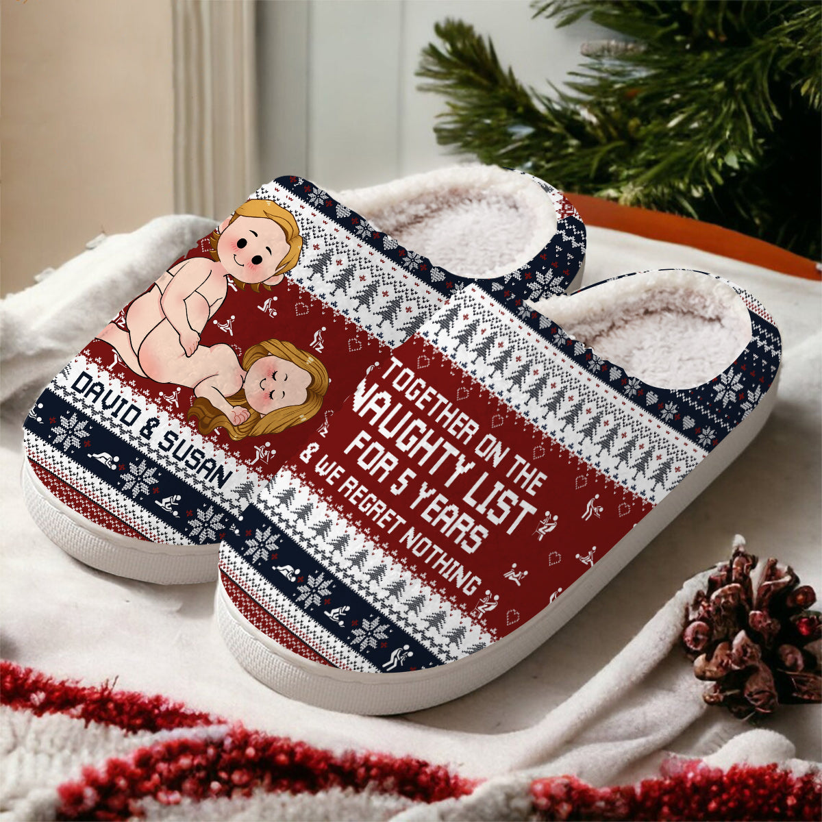 Together On The Naughty List For Years - Personalized Couple Slippers