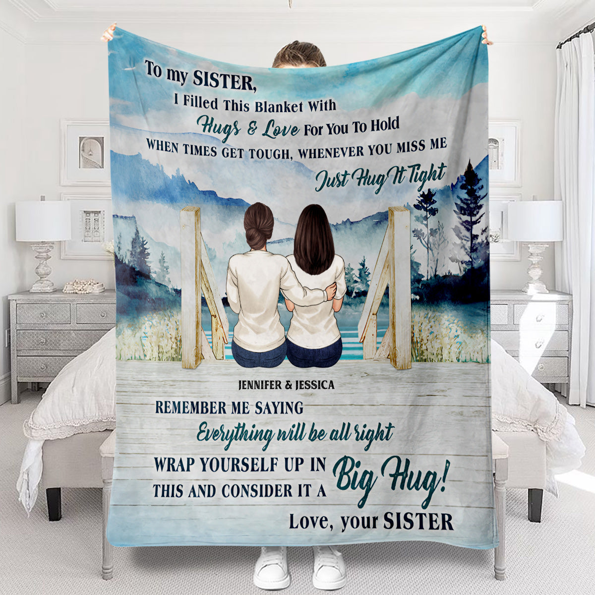 Couverture personnalisée pour sœur, remplie de câlins et d'amour