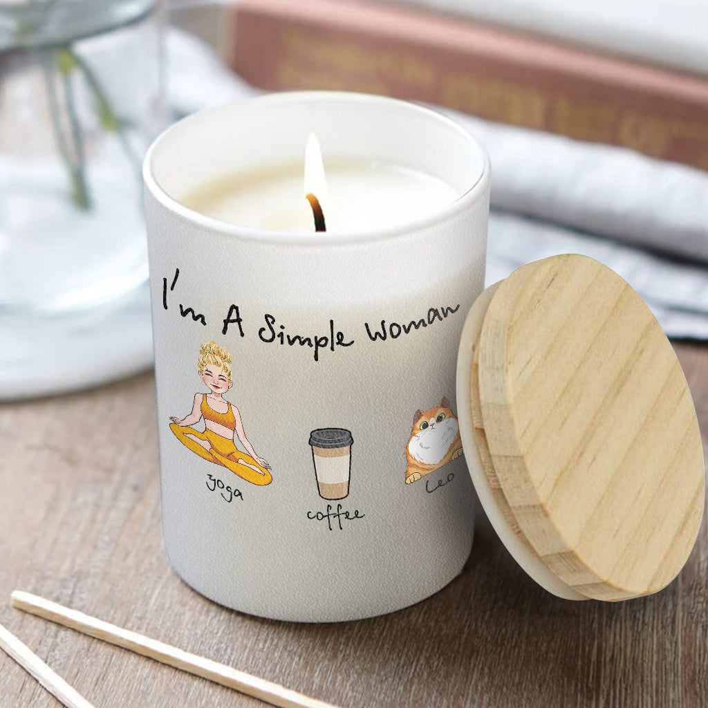 Ich bin eine einfache Frau – Yoga-Geschenk für Hunde- und Katzenliebhaber – Personalisierte Kerze mit Holzdeckel