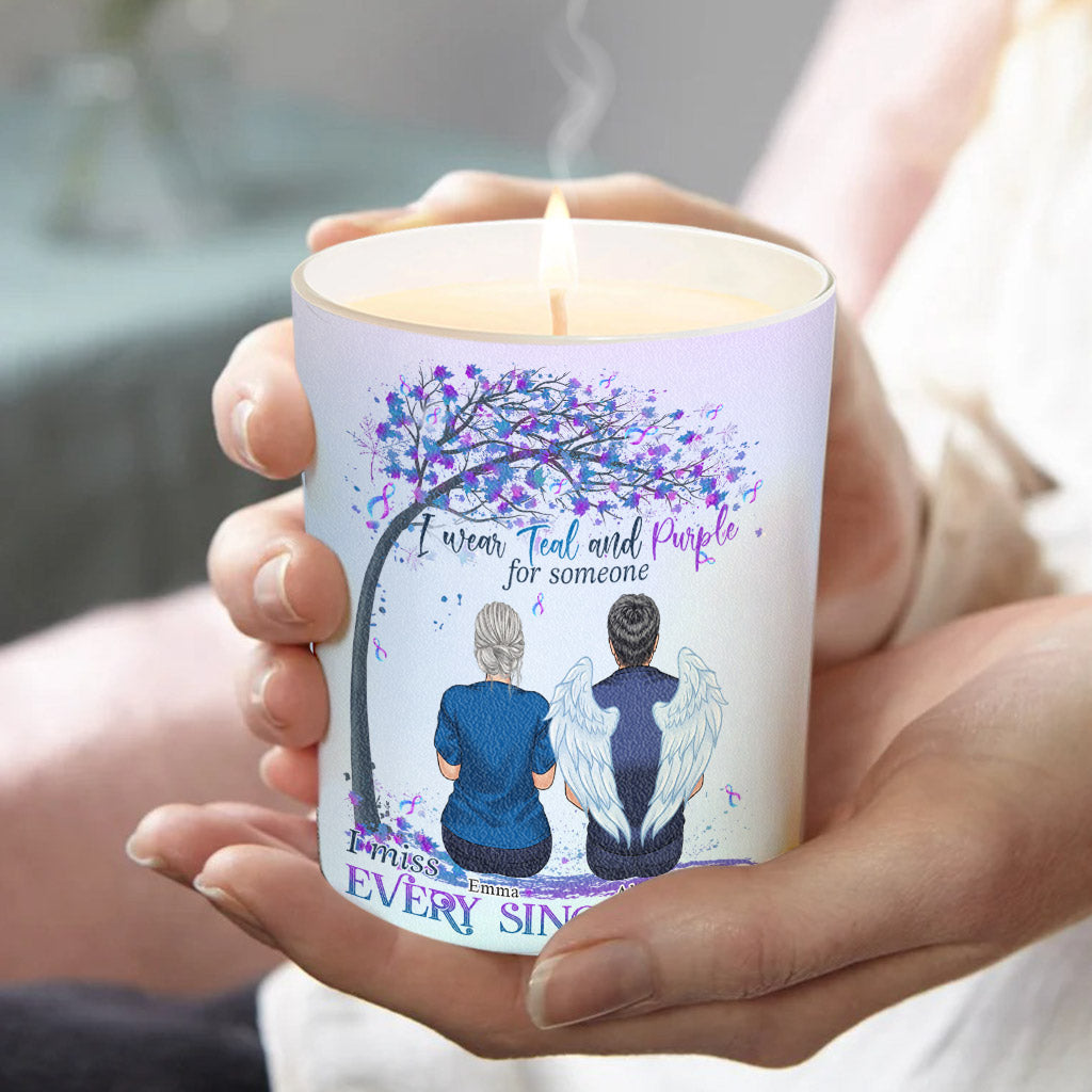 I Wear Teal And Purple - Personalized Suicide Prevention Candle With Wooden Lid