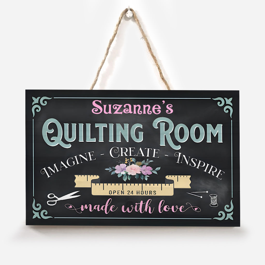 Quiltzimmer – Personalisiertes rechteckiges Holzschild zum Thema Quilten