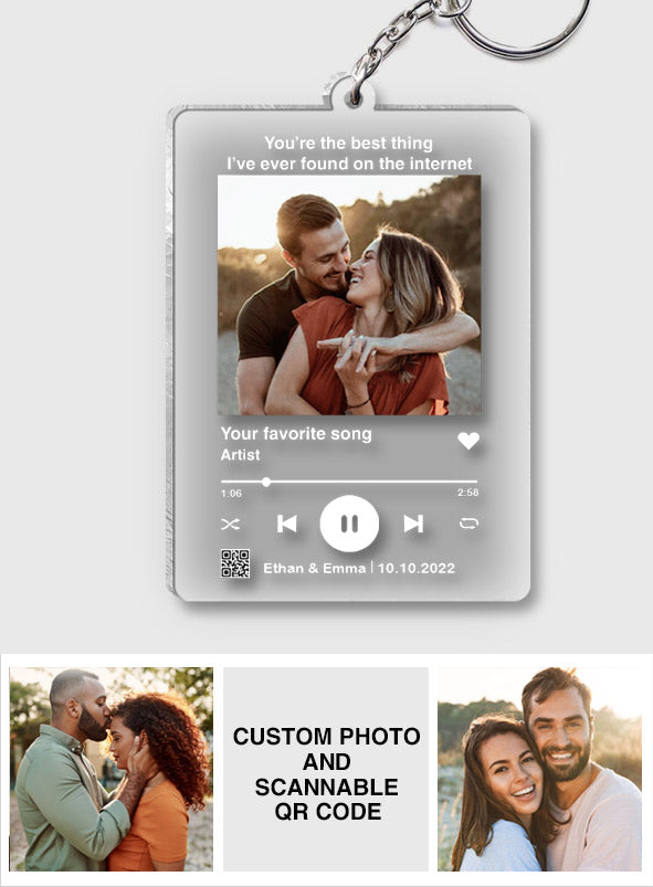 Custom Photo And Favorite Song Scannable QR Code - Personalized Husband And Wife Transparent Keychain