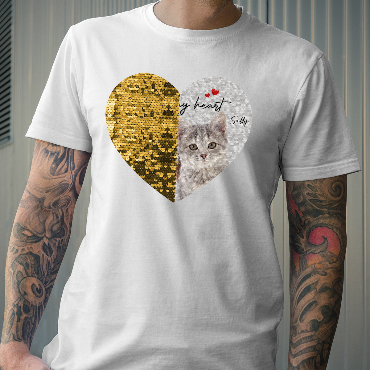Für immer in meinem Herzen – Personalisiertes Foto von Hund & Katze – Geschenk für Hunde- und Katzenliebhaber – Pailletten-T-Shirt
