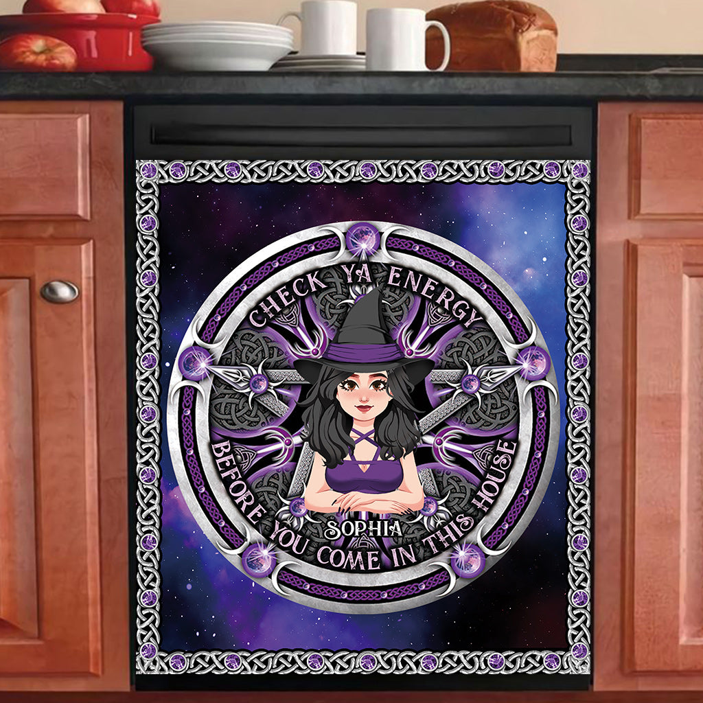 Check Ya Energy - Personalized Witch Dishwasher Cover