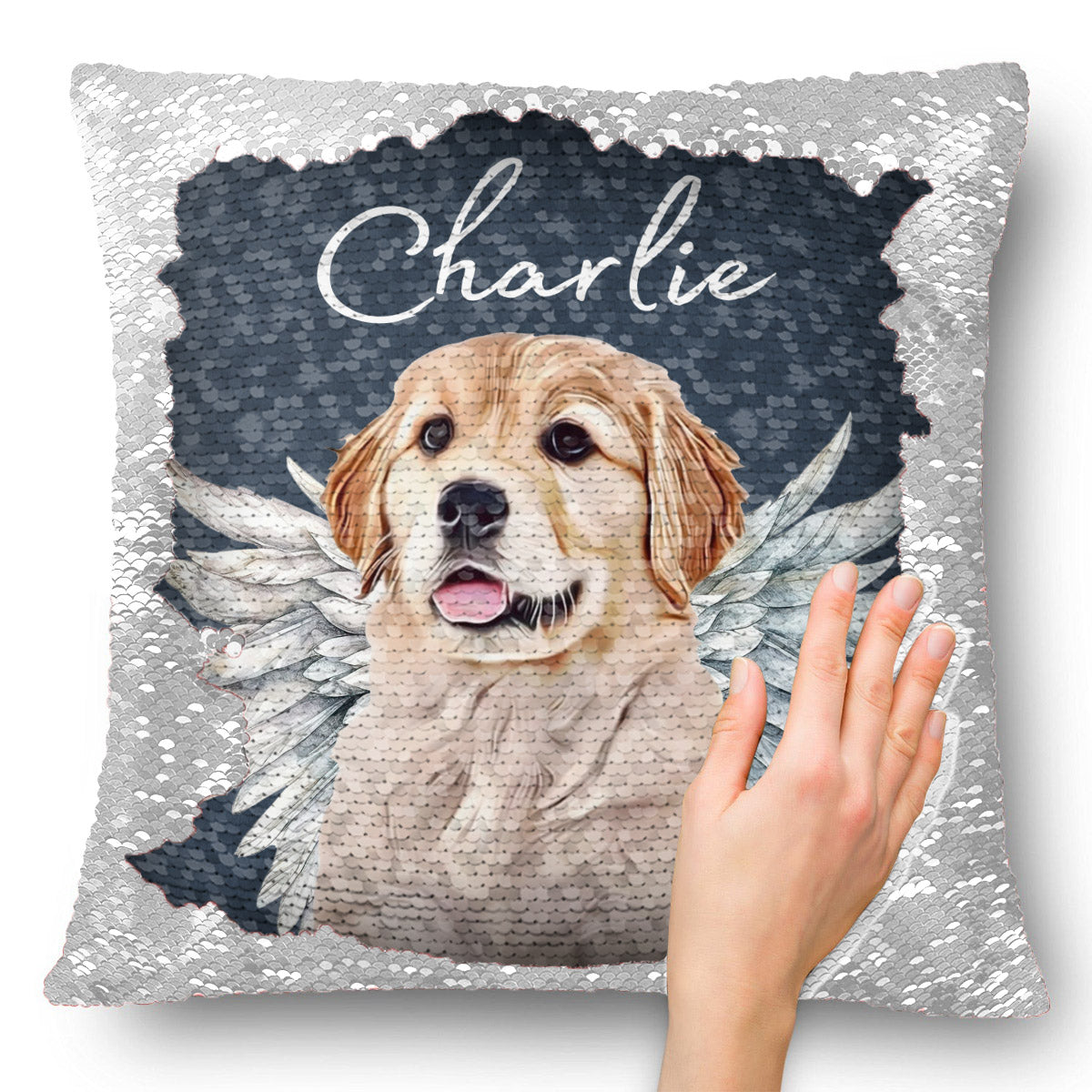Engelsflügel für Hunde und Katzen – Geschenk für Hunde- und Katzenliebhaber, für Trauernde nach einem Hunde- oder Katzenverlust – Personalisierter Pailletten-Kissenbezug 