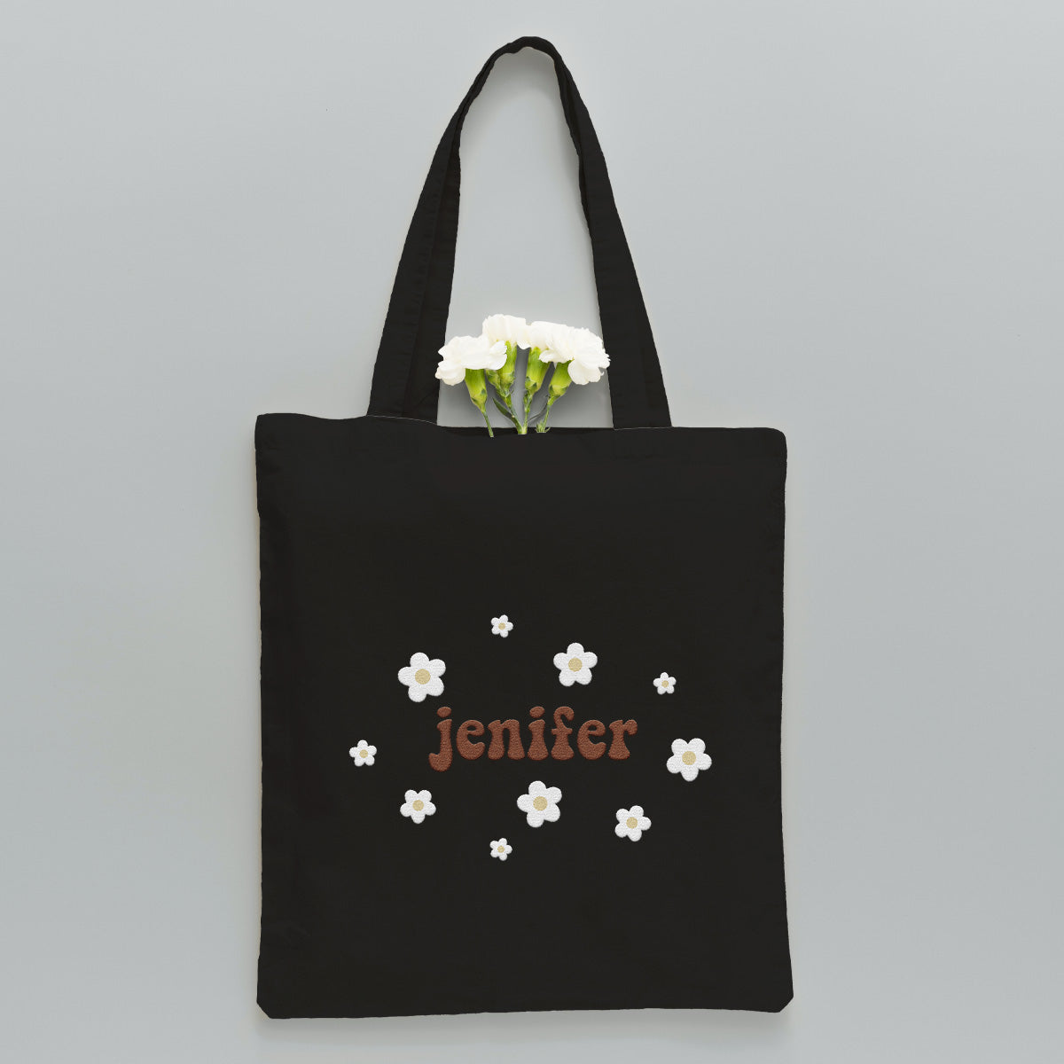 Sac fourre-tout brodé personnalisé avec nom et fleur - Sac fourre-tout brodé personnalisé pour frère/sœur