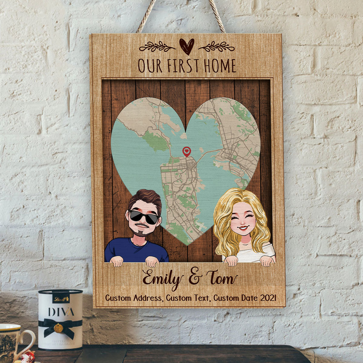 Notre première maison - Panneau/Plaque en bois personnalisé(e) à 2 couches pour pendaison de crémaillère