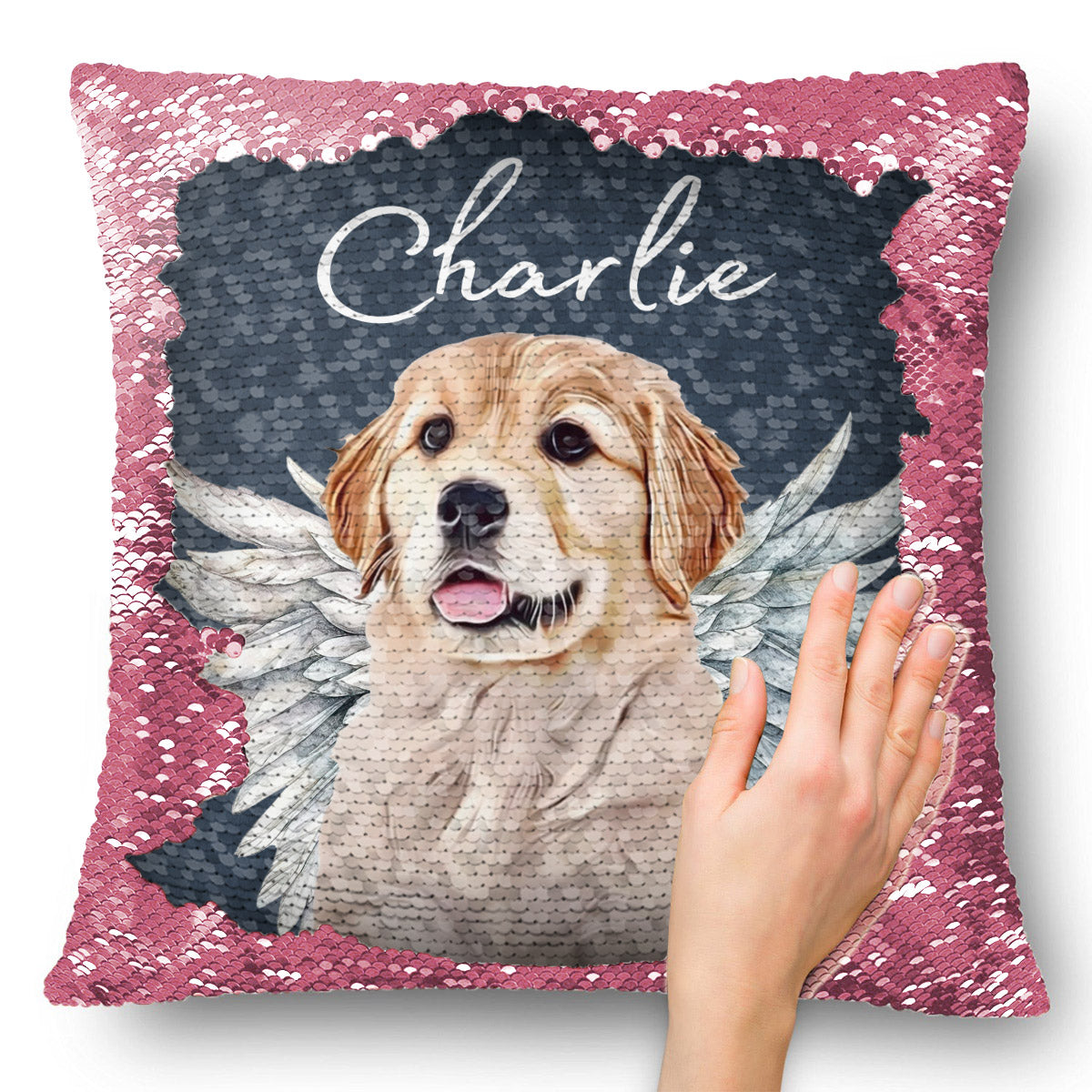 Engelsflügel für Hunde und Katzen – Geschenk für Hunde- und Katzenliebhaber, für Trauernde nach einem Hunde- oder Katzenverlust – Personalisierter Pailletten-Kissenbezug 