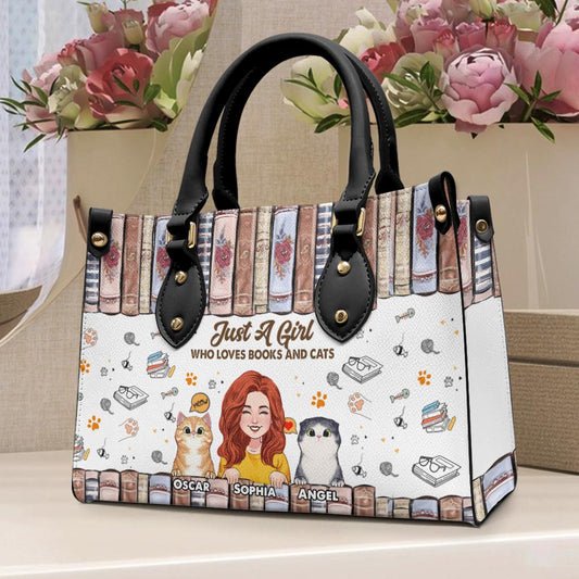 Sac à main en cuir personnalisé « J’aime les livres et les chats »