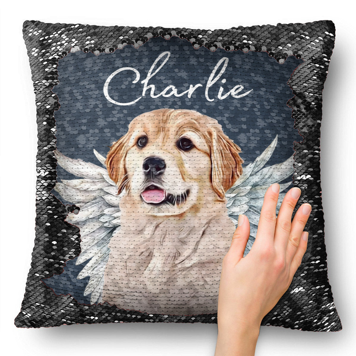 Engelsflügel für Hunde und Katzen – Geschenk für Hunde- und Katzenliebhaber, für Trauernde nach einem Hunde- oder Katzenverlust – Personalisierter Pailletten-Kissenbezug 