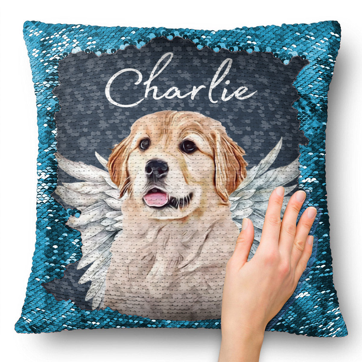 Engelsflügel für Hunde und Katzen – Geschenk für Hunde- und Katzenliebhaber, für Trauernde nach einem Hunde- oder Katzenverlust – Personalisierter Pailletten-Kissenbezug 