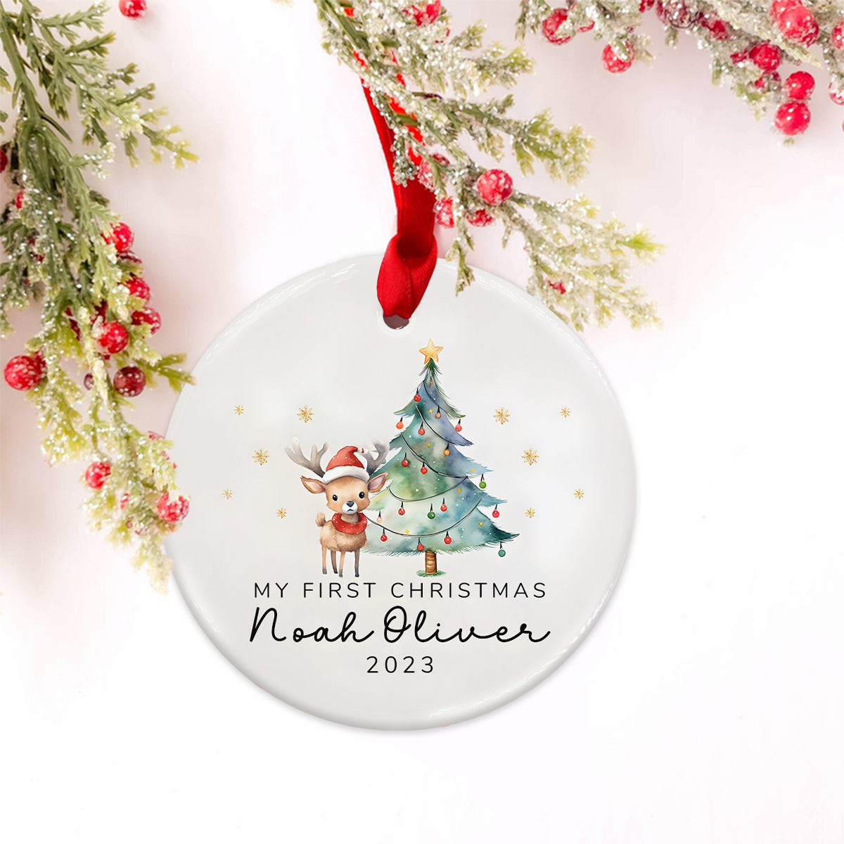 Premier Noël de bébé - Ornement rond en céramique personnalisé pour enfant