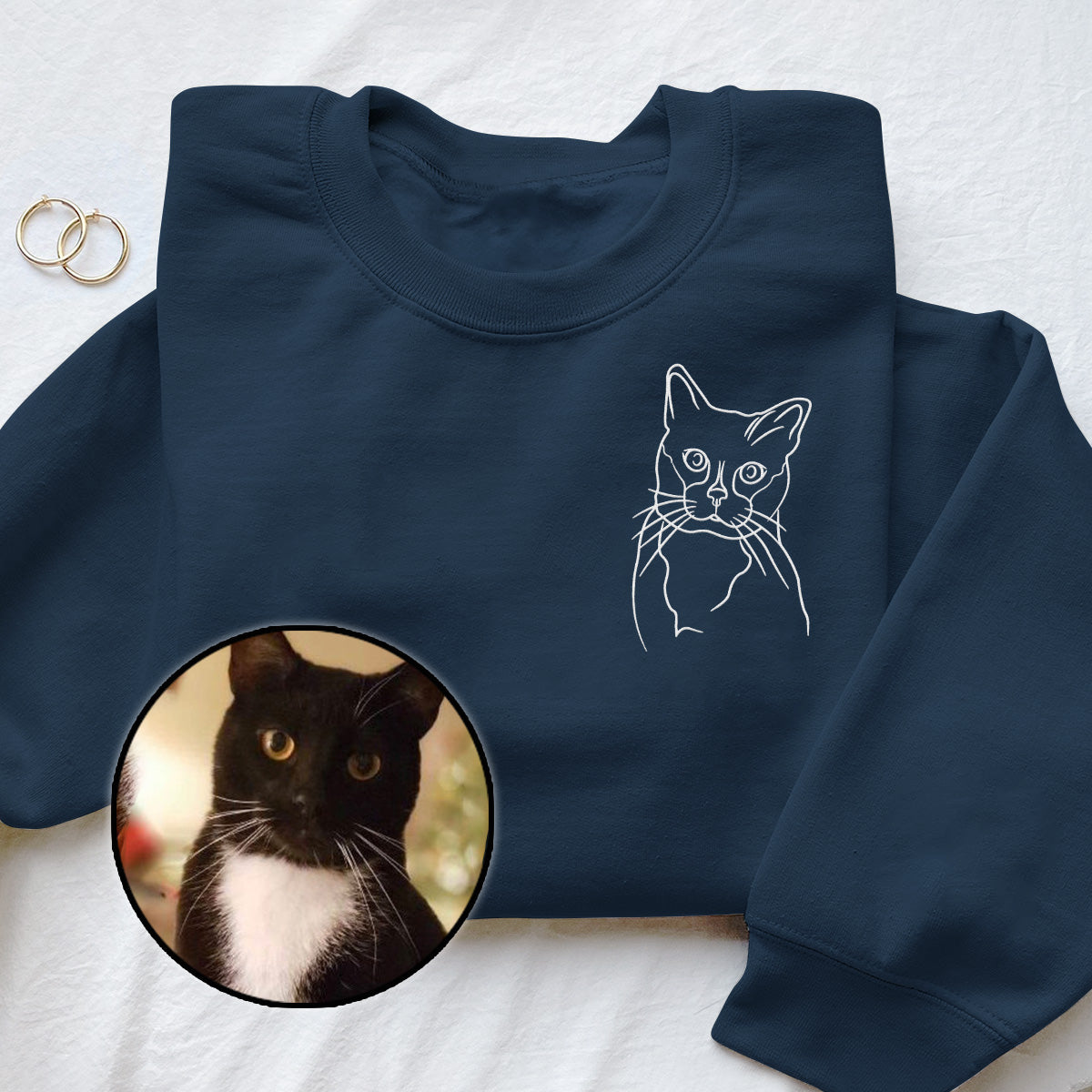 Individuelle Linienzeichnung – Personalisierter Pullover mit Katzenstickerei