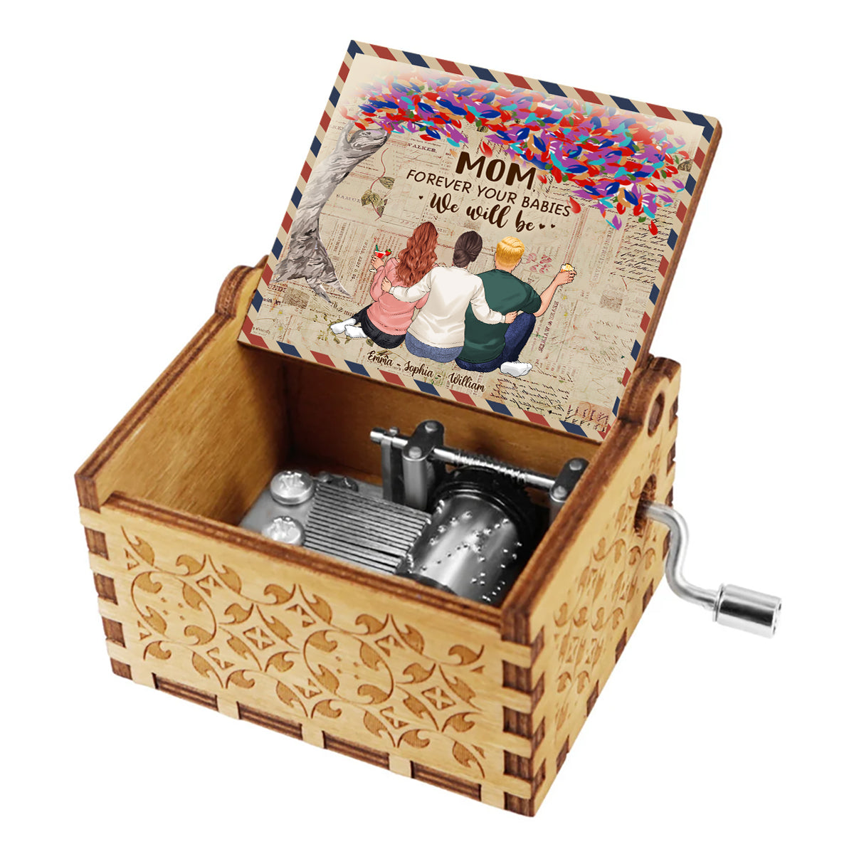 Mother And Children - Gift for mom, son, daughter - Personalized Hand Crank Music Box