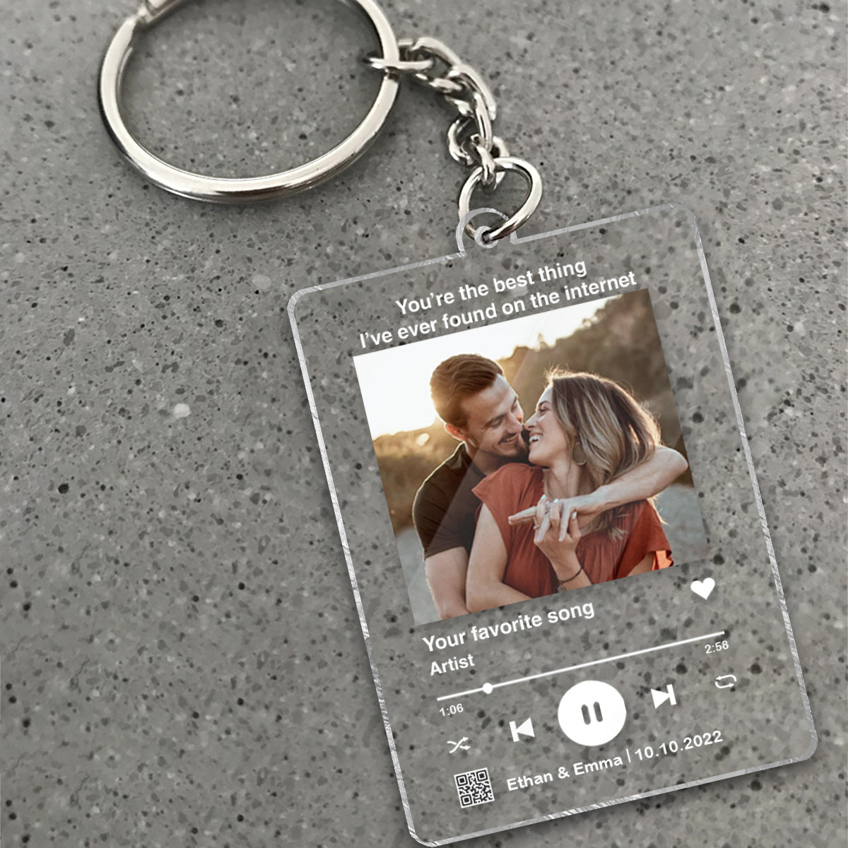 Custom Photo And Favorite Song Scannable QR Code - Personalized Husband And Wife Transparent Keychain