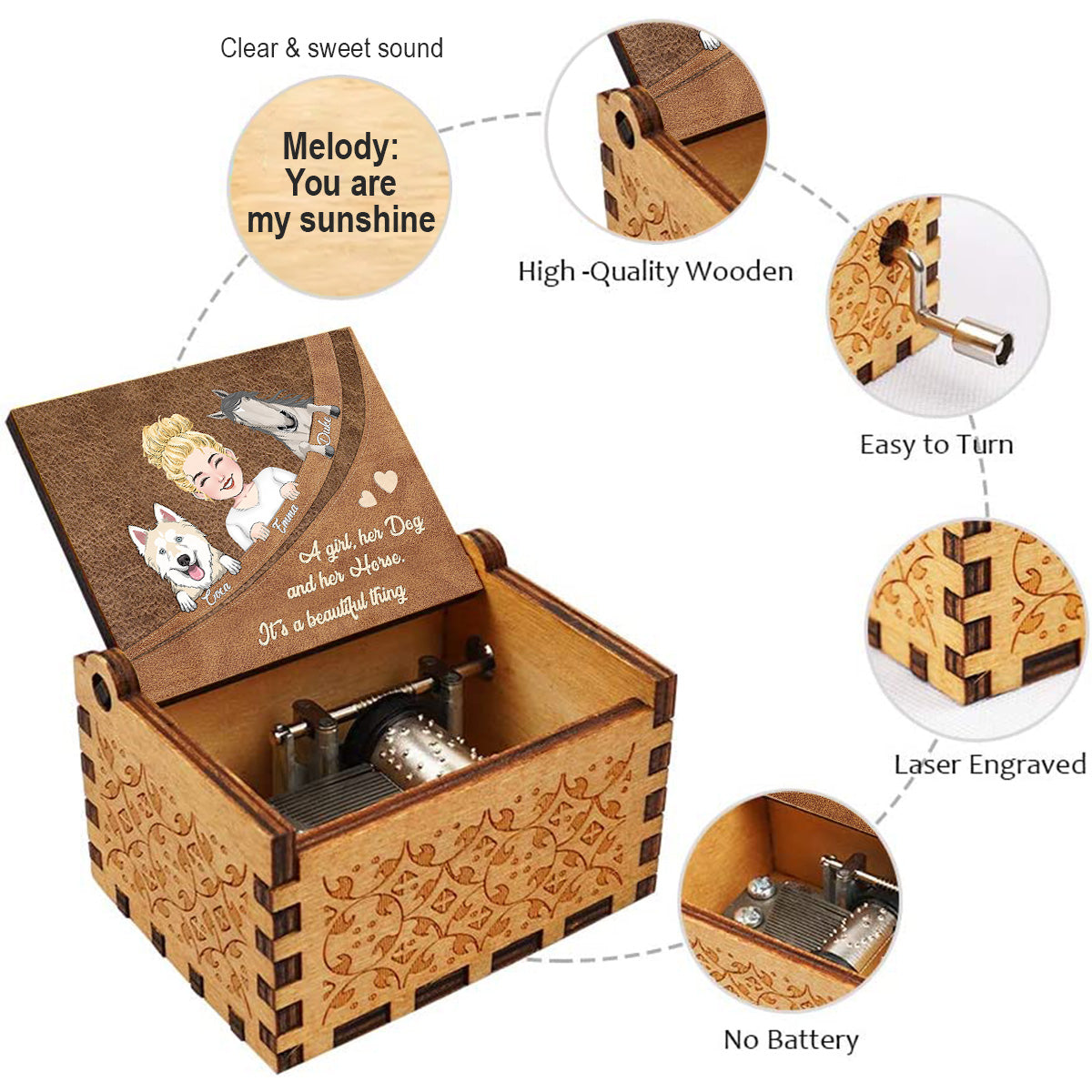 Quelle belle chose ! - Cadeau pour amoureux des chiens et des chats - Boîte à musique à manivelle personnalisée