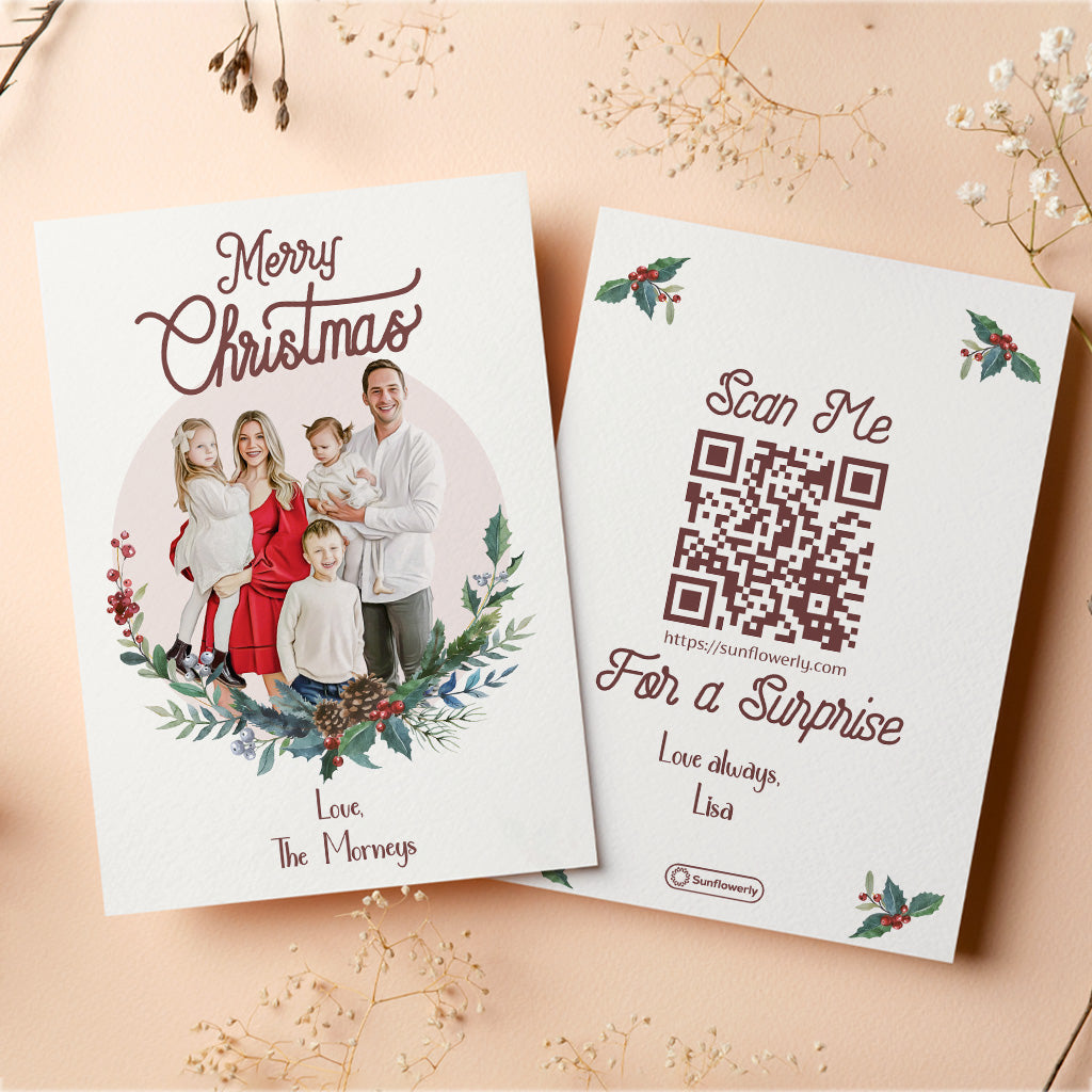 Merry Christmas Photo Upload In The Circle - Personalized QR Greeting Card