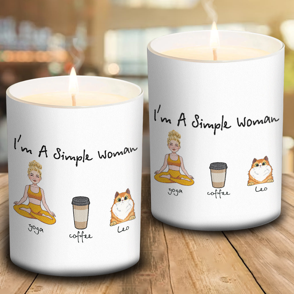Ich bin eine einfache Frau – Yoga-Geschenk für Hunde- und Katzenliebhaber – Personalisierte Kerze mit Holzdeckel