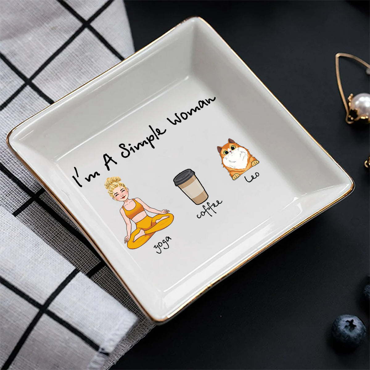 Je suis une femme simple - Cadeau de yoga pour amoureux des chiens et des chats - Porte-bijoux personnalisé