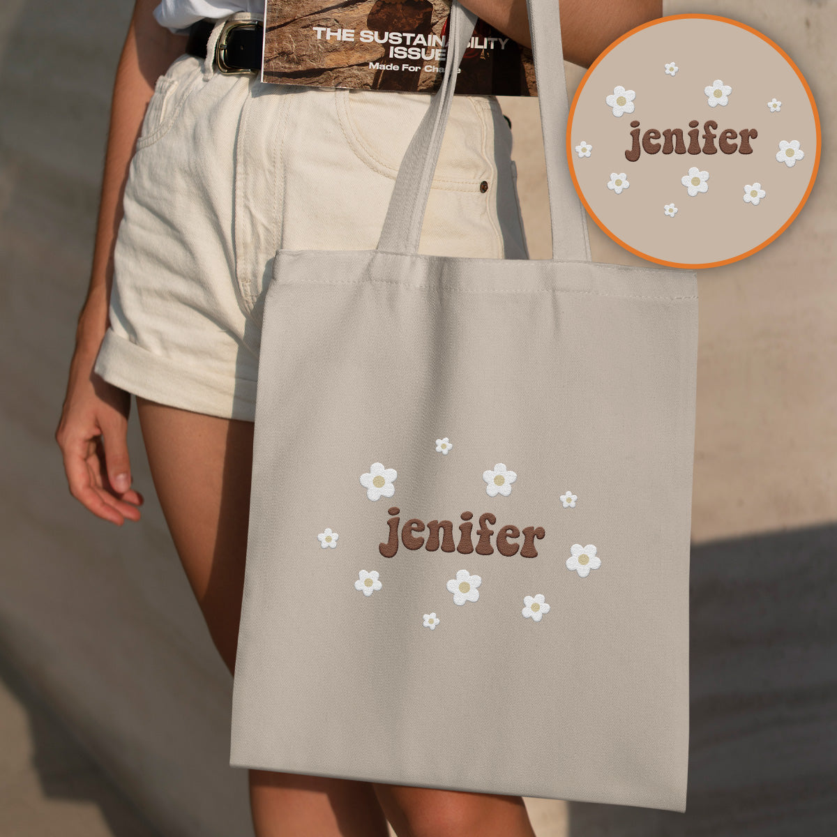 Sac fourre-tout brodé personnalisé avec nom et fleur - Nom personnalisé pour tante