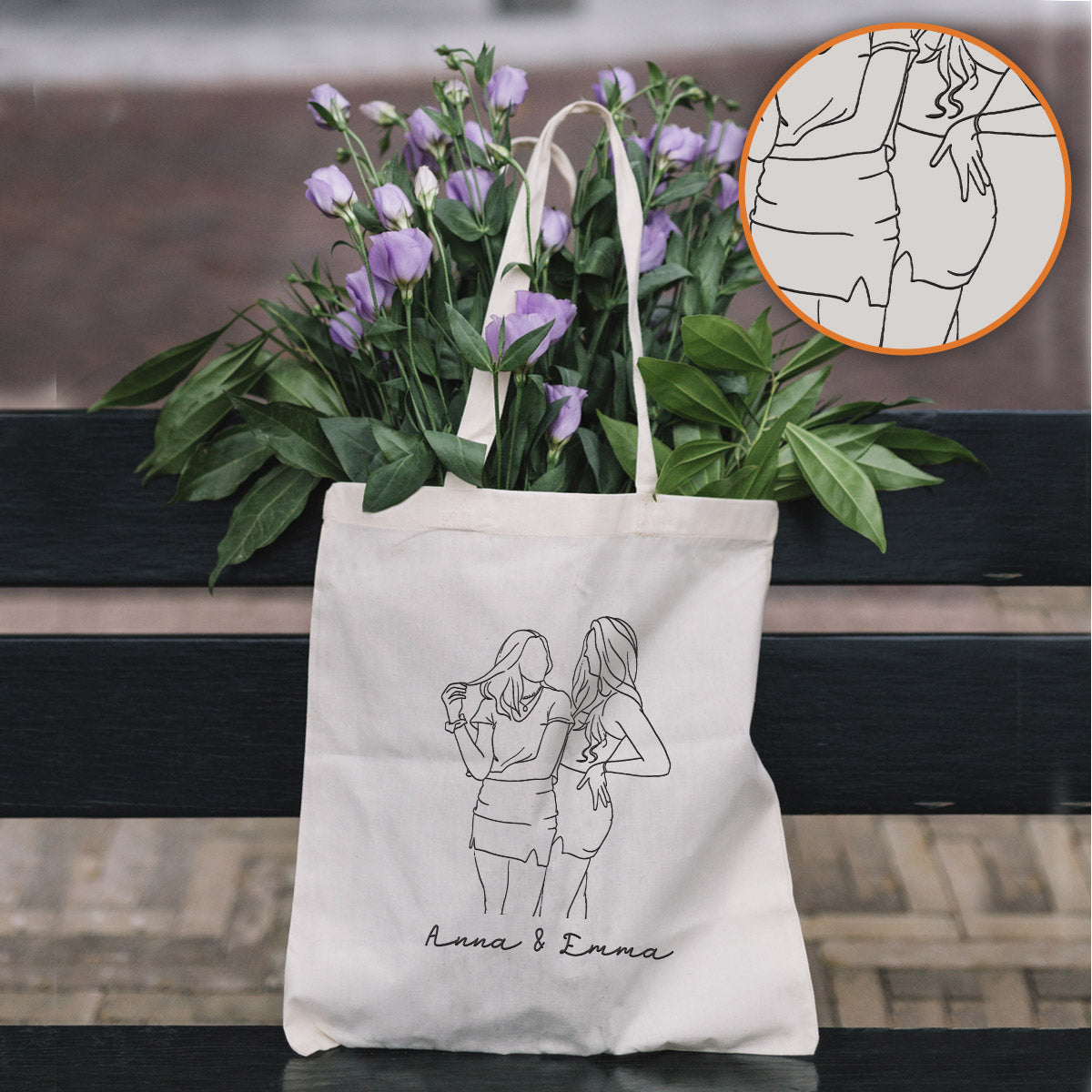 Sac fourre-tout brodé personnalisé avec photo au trait - Sac fourre-tout brodé personnalisé pour petite-fille