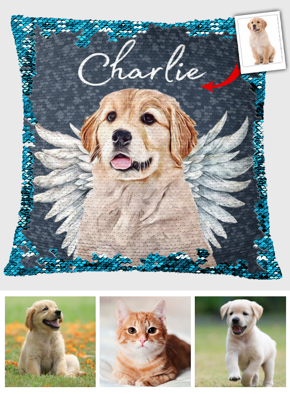 Engelsflügel für Hunde und Katzen – Geschenk für Hunde- und Katzenliebhaber, für Trauernde nach einem Hunde- oder Katzenverlust – Personalisierter Pailletten-Kissenbezug 