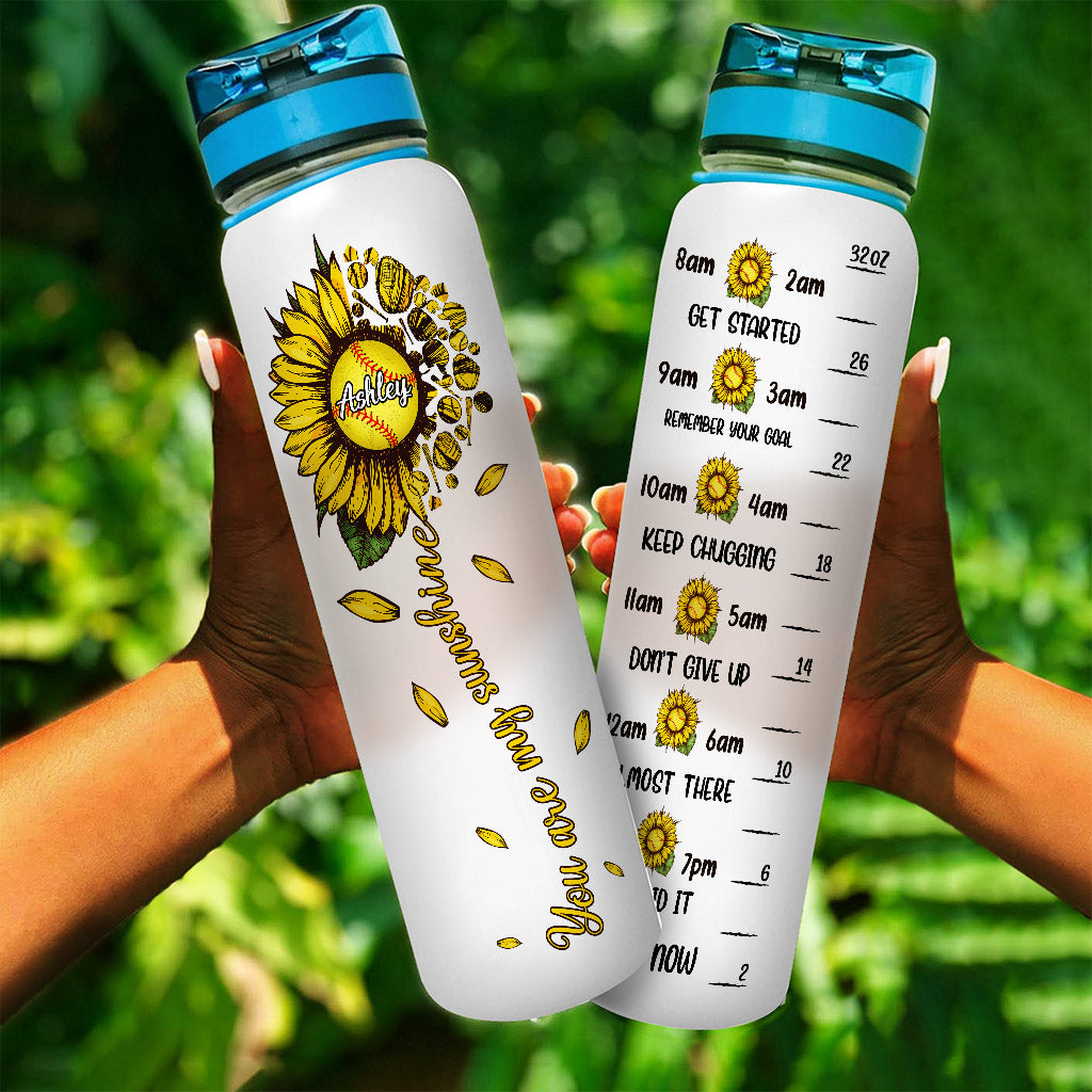 You Are My Sunshine Softball - Personalized Softball Water Tracker Bottle