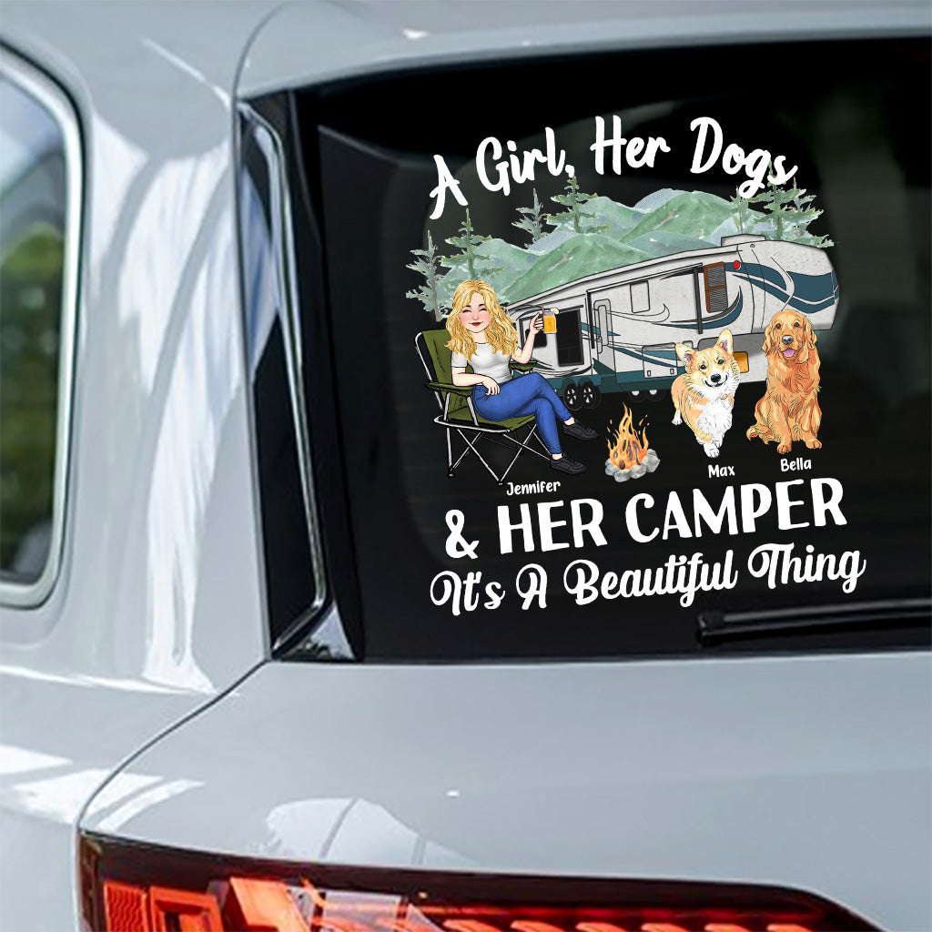 A Girl Her Dog And Her Camper - Personalized Camping Decal Full