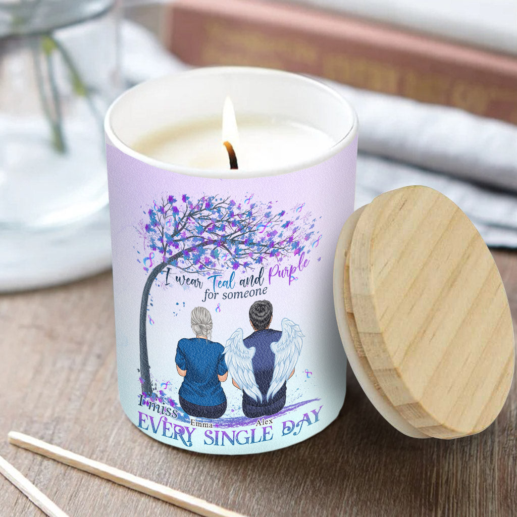 I Wear Teal And Purple - Personalized Suicide Prevention Candle With Wooden Lid