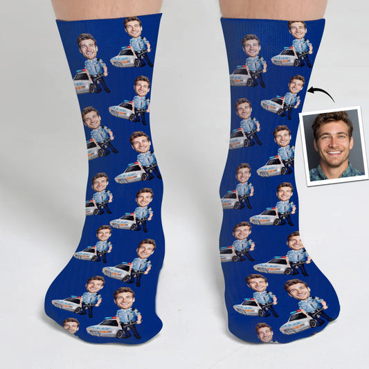Cartoon-Foto eines Polizisten – Personalisierte Socken mit Polizeimotiv
