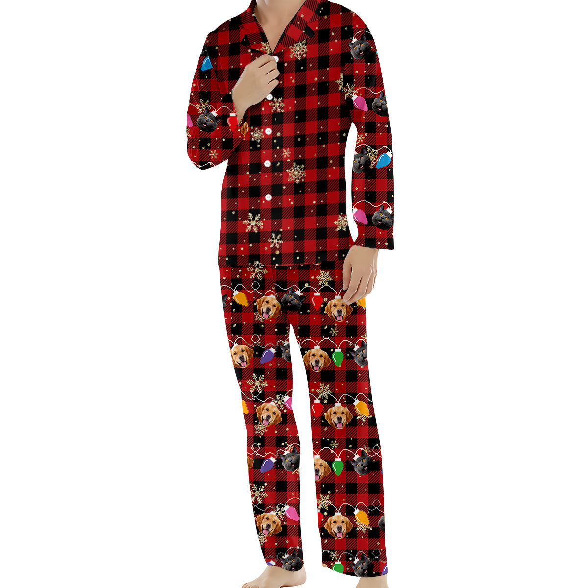 Lovely Dog Cat Pet Face Christmas Light String - Gift for dog lovers, cat lover - Personalized Button Down Pajamas