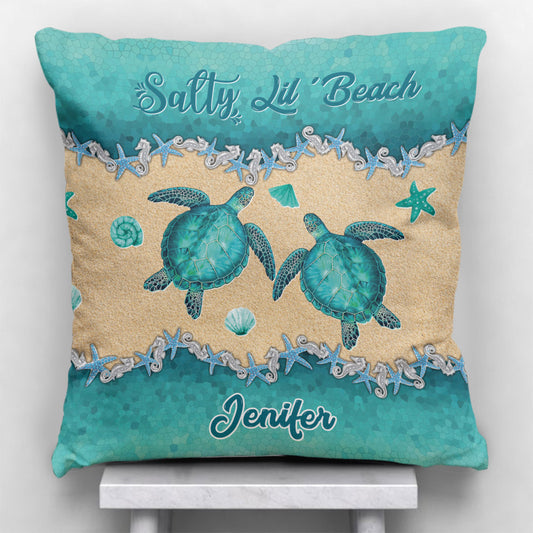 Salty Lil' Beach - Personalized Turtle Throw Pillow