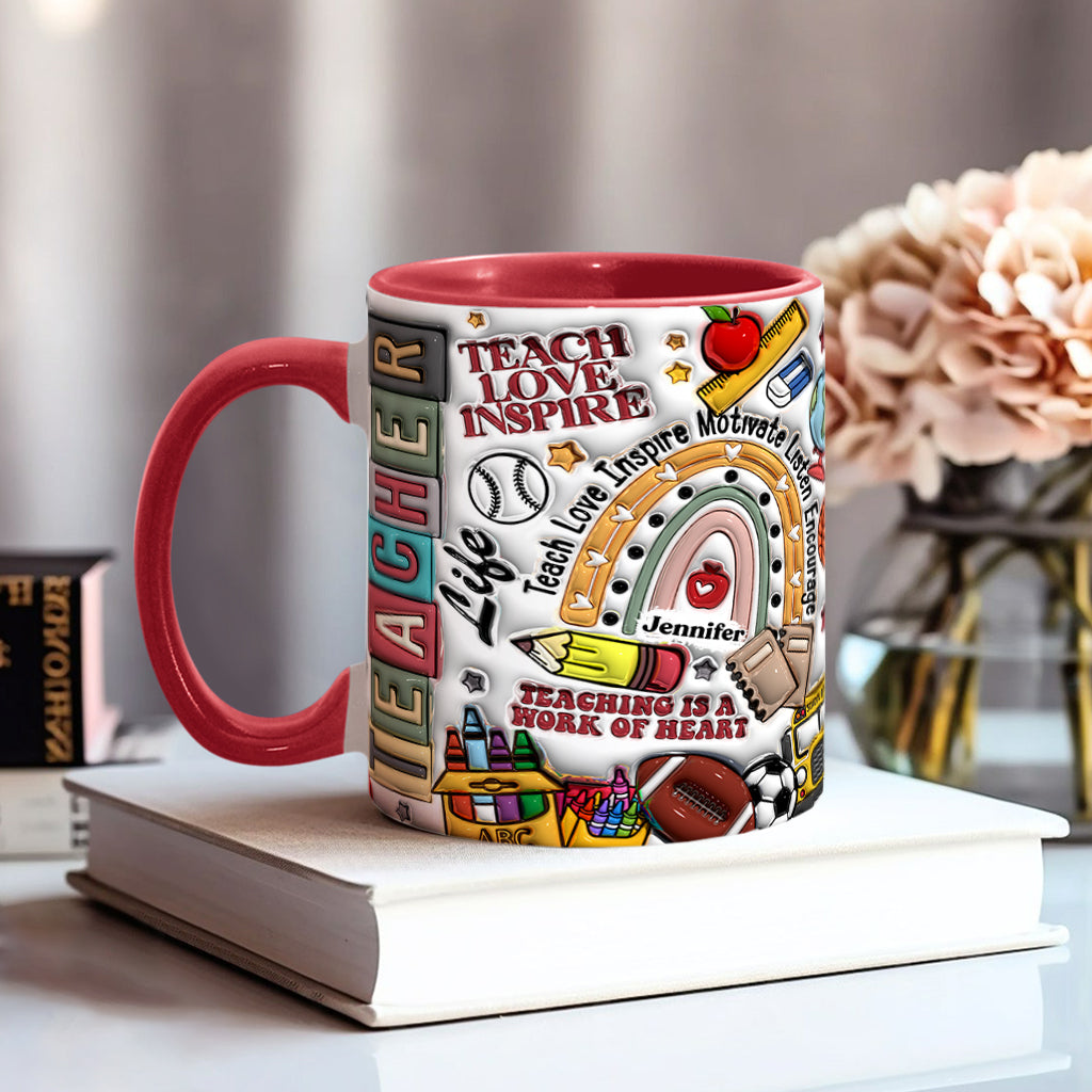 Lehren, Lieben, Inspirieren – Personalisierte Tasse mit Lehrermotiv