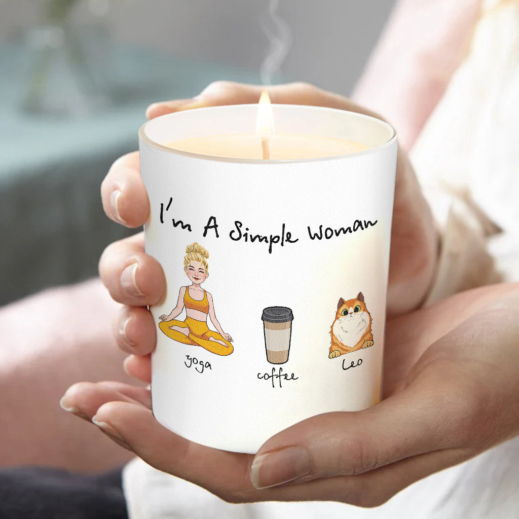 Ich bin eine einfache Frau – Yoga-Geschenk für Hunde- und Katzenliebhaber – Personalisierte Kerze mit Holzdeckel