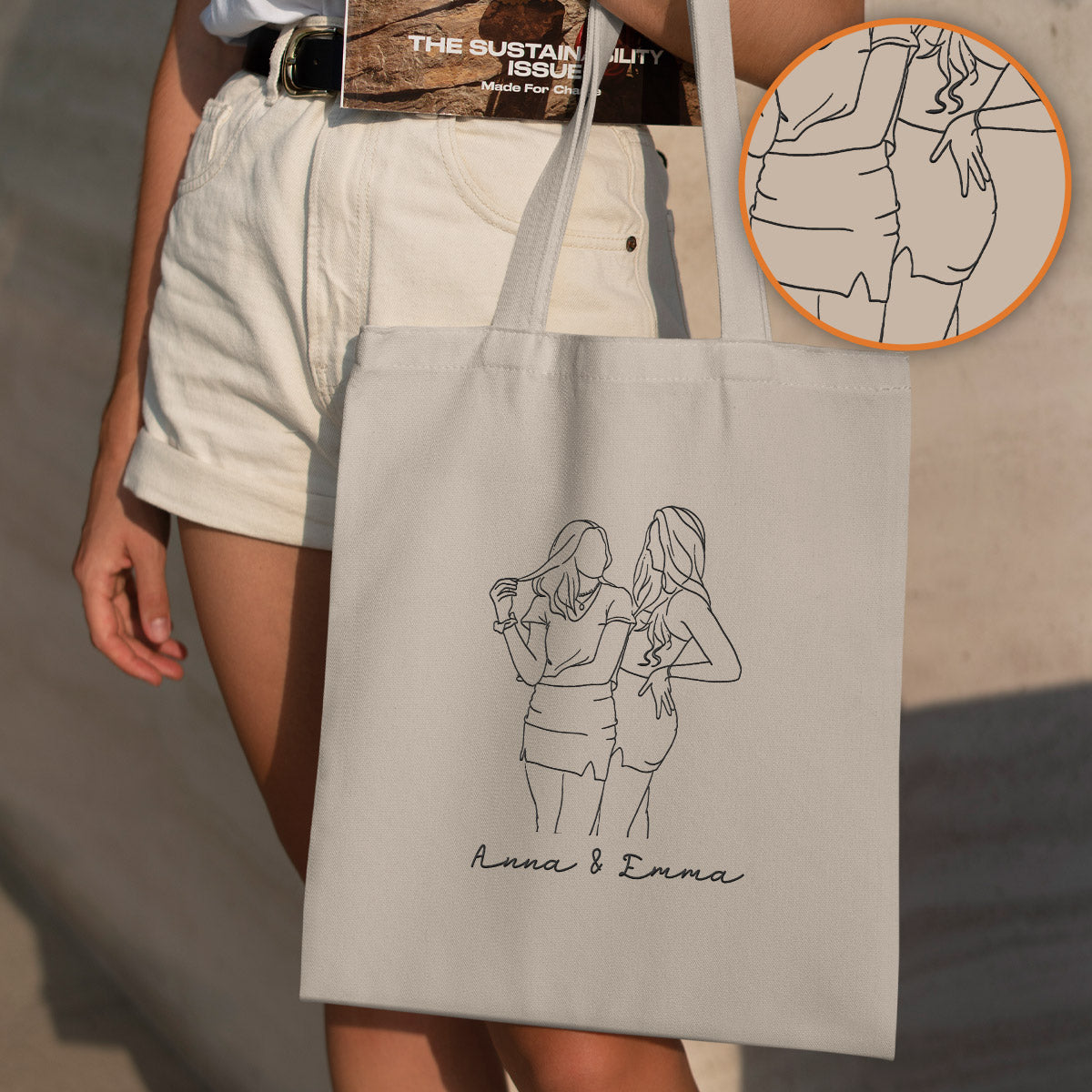 Sac fourre-tout brodé personnalisé avec photo au trait - Sac fourre-tout brodé personnalisé pour petite-fille