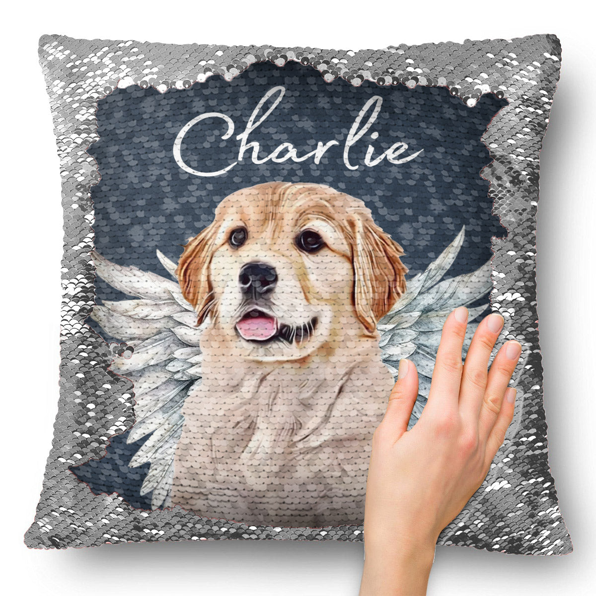 Engelsflügel für Hunde und Katzen – Geschenk für Hunde- und Katzenliebhaber, für Trauernde nach einem Hunde- oder Katzenverlust – Personalisierter Pailletten-Kissenbezug 