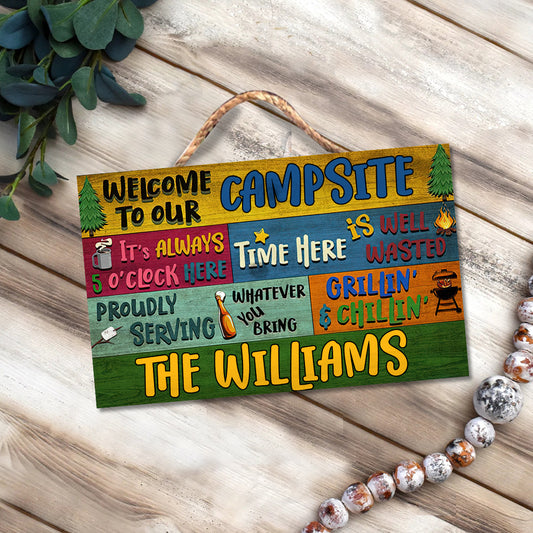 Bienvenue sur notre camping - Panneau rectangulaire en bois personnalisé