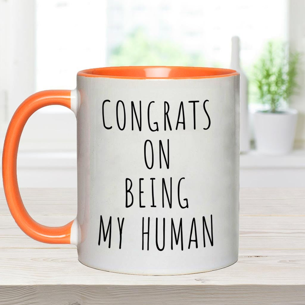 Glückwunsch, dass du mein Mensch bist – personalisierte Tasse mit Hundemotiv
