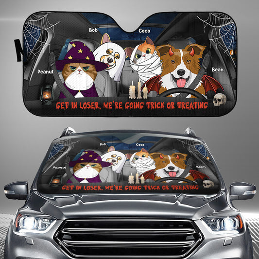 Steig ein, Verlierer! Wir gehen Süßes oder Saures! Hund/Katze – Personalisierter Sonnenschutz fürs Auto mit Hund