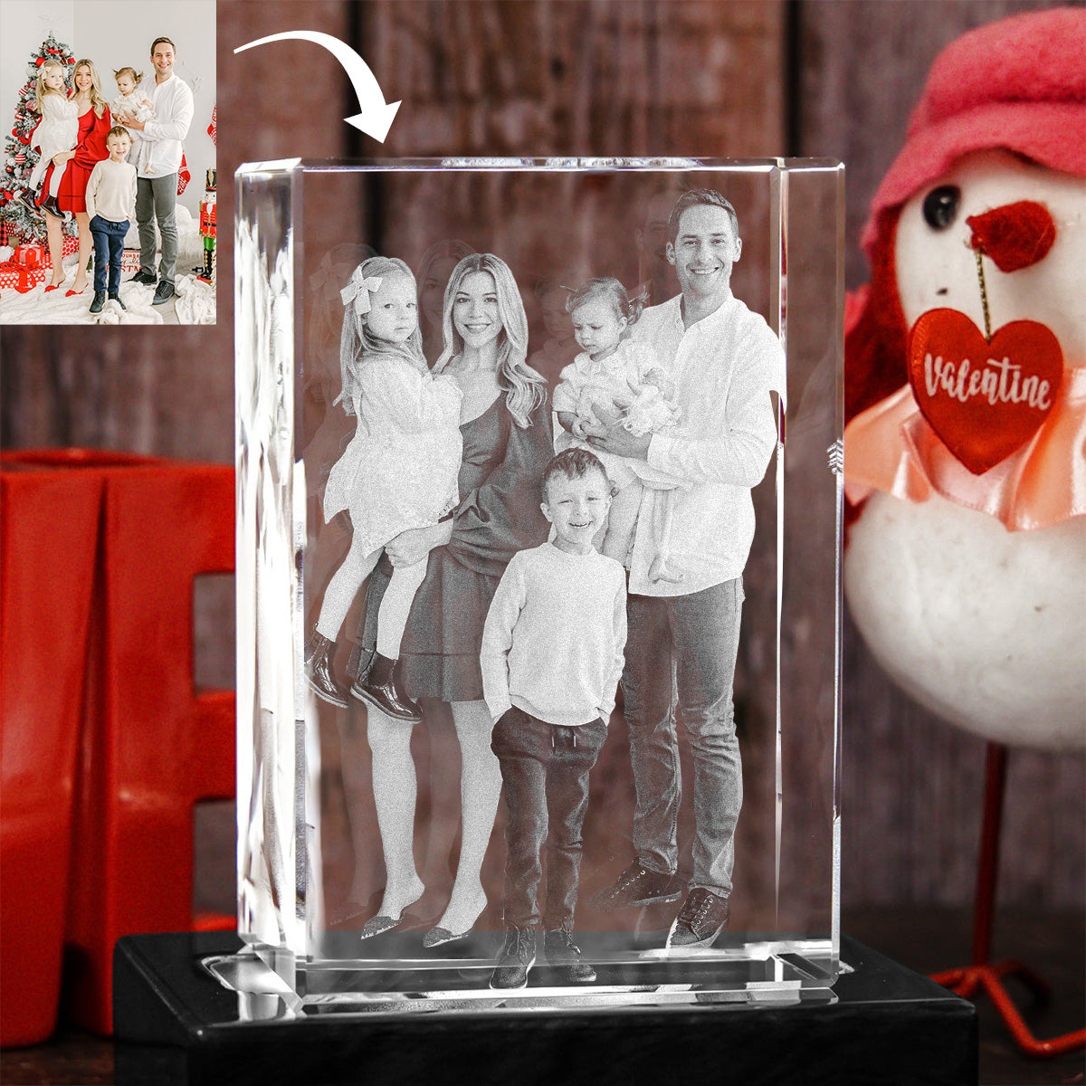 Lampe en cristal 3D cubique gravée au laser avec photo personnalisée - Modèle familial