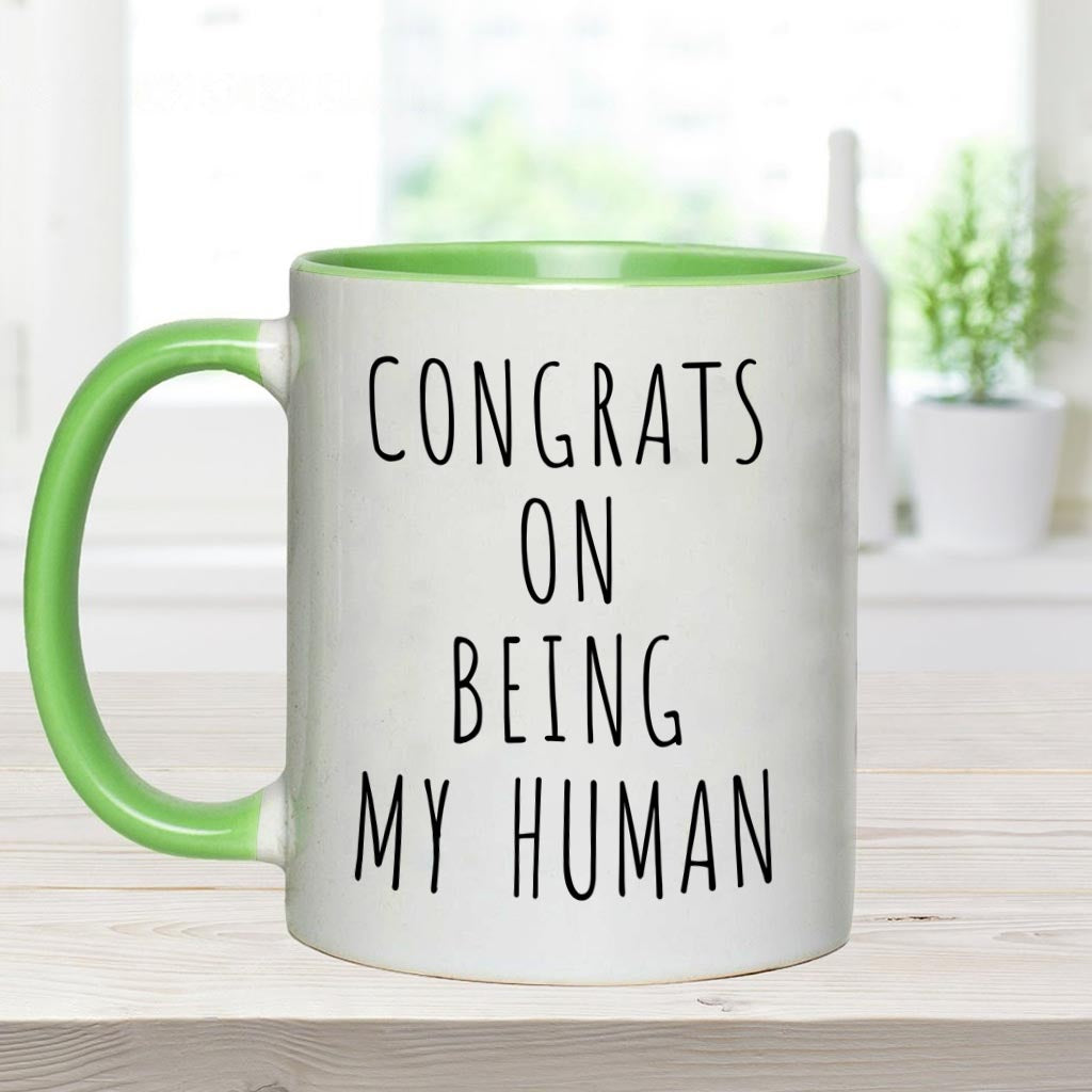 Glückwunsch, dass du mein Mensch bist – personalisierte Tasse mit Hundemotiv